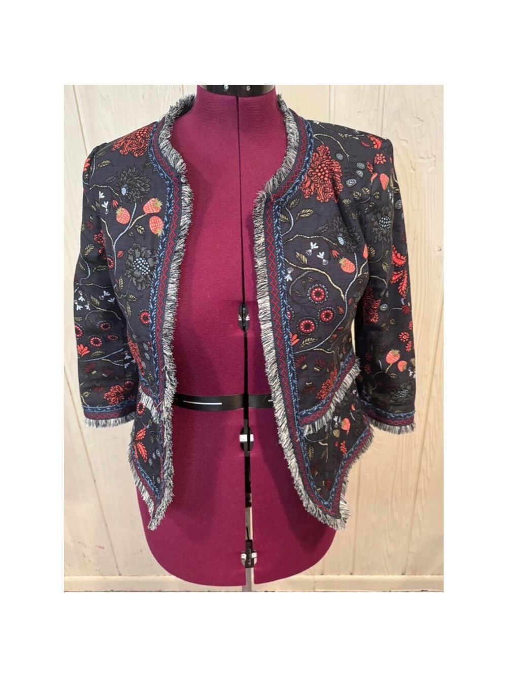 LOFT Primevira Strawberry Embroidered Fringe Open Black Red jacket size 4 - Picture 4 of 16
